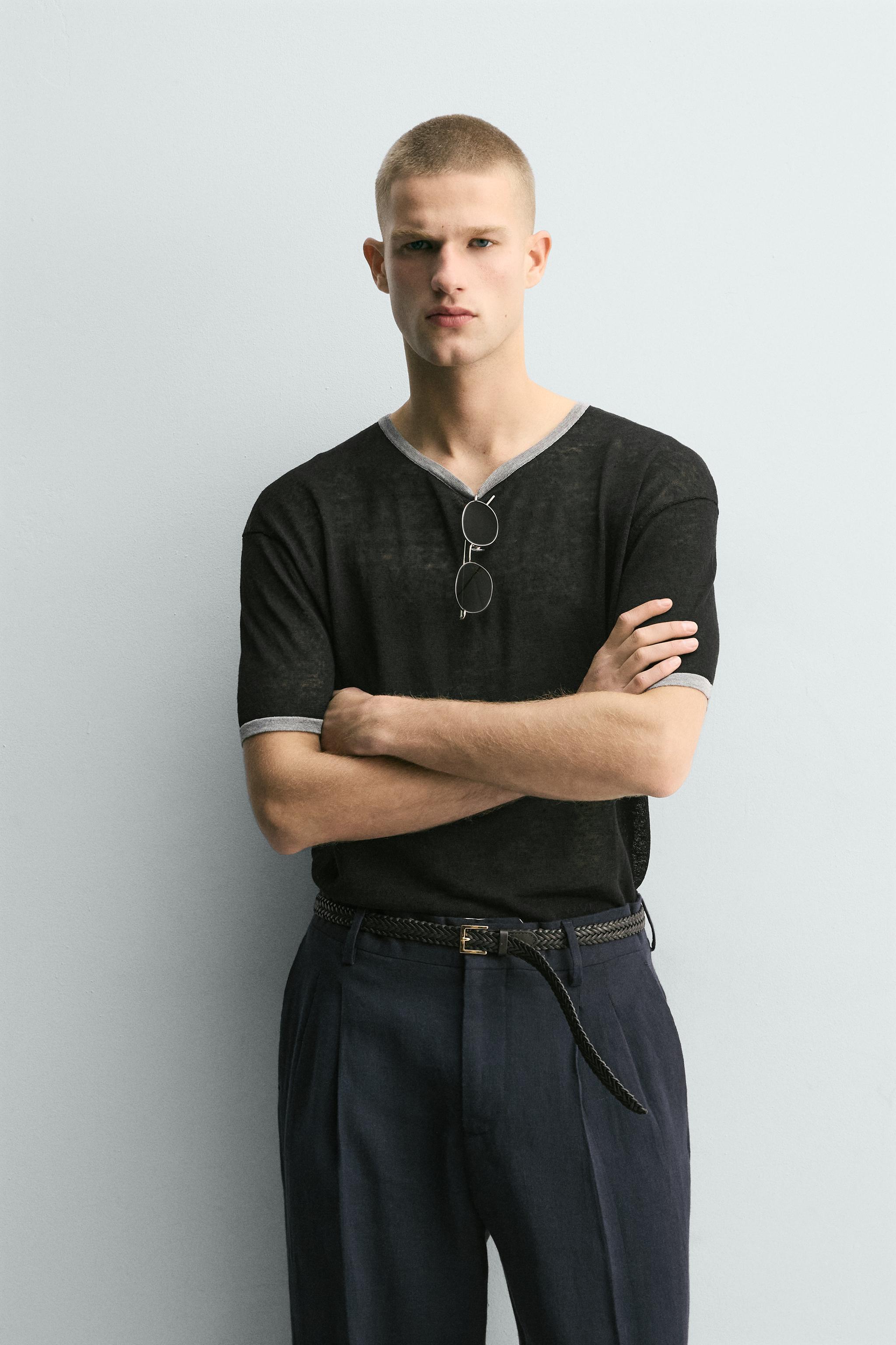 CONTRAST LINEN BLEND KNIT T-SHIRT